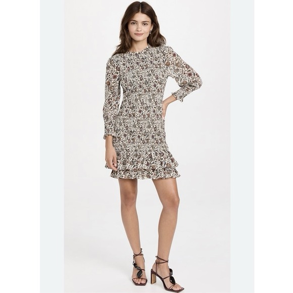 Veronica Beard Farha Dress Mini Short 3/4 Long Sleeve Floral Smocked Ruffle Sz 2
